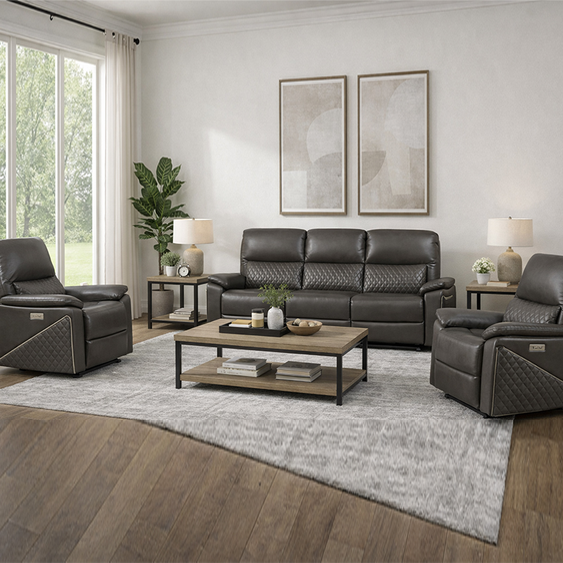 Set sofa sandaran elektrik korek api kulit 3 bagian