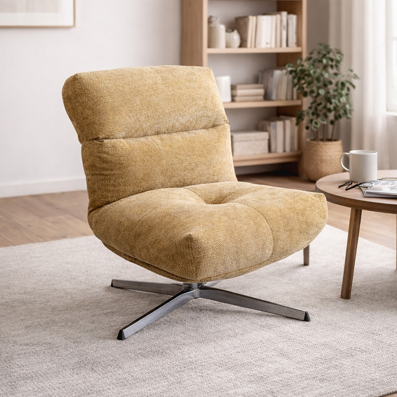 Kursi Ruang Tamu Putar Kain Modern Bingkai Logam Mewah Kursi Sofa Santai Tunggal Perabot Ruang Keluarga